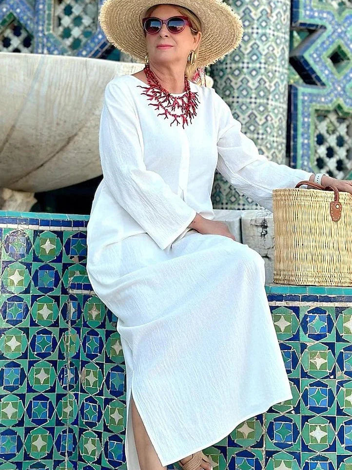 Elegant White Linen Maxi Dress with Ruched Pockets for Women