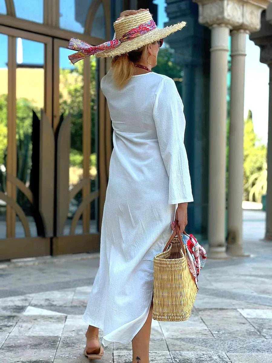 Elegant White Linen Maxi Dress with Ruched Pockets for Women