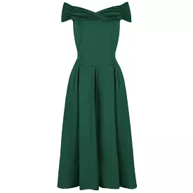 Emerald Green Cap Sleeve Crossover Bardot Neckline 50s Swing Dress