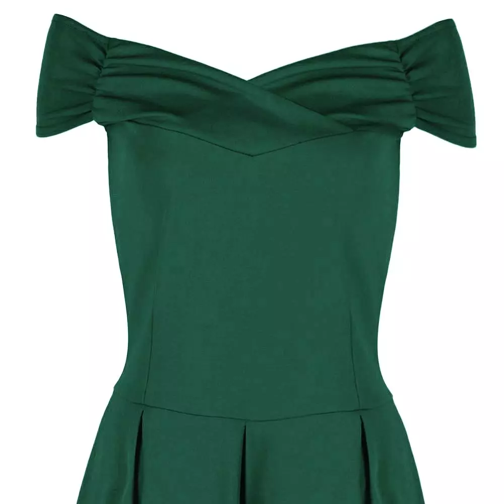 Emerald Green Cap Sleeve Crossover Bardot Neckline 50s Swing Dress