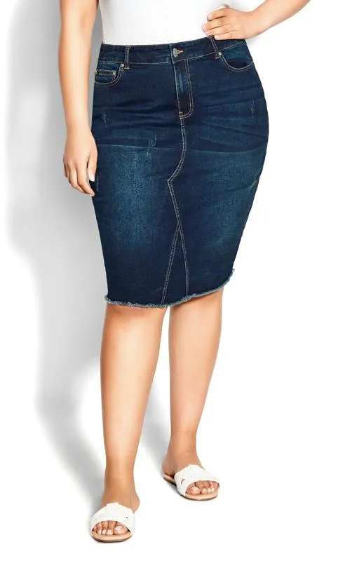 Evans Blue Dark Wash Raw Hem Denim Midi Skirt