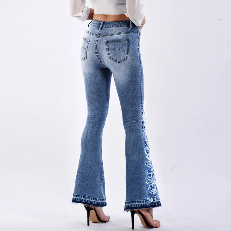 Floral Embroidered Vintage Flare Jeans Mid Waist Zipper Fly Skinny Slim Fitted Denim Pants