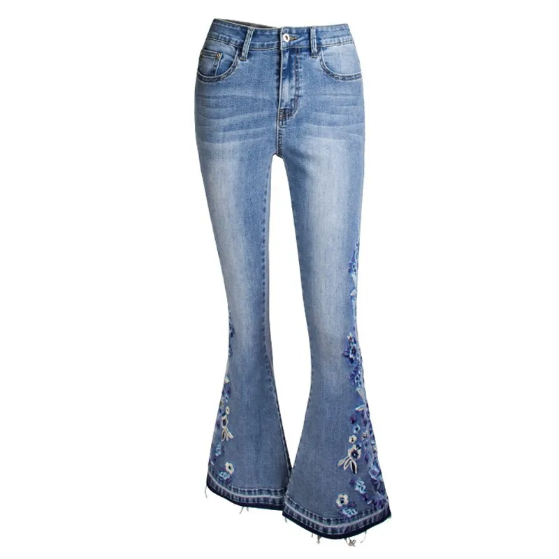 Floral Embroidered Vintage Flare Jeans Mid Waist Zipper Fly Skinny Slim Fitted Denim Pants