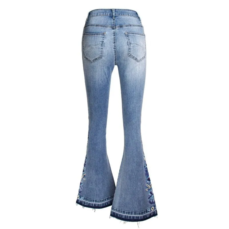 Floral Embroidered Vintage Flare Jeans Mid Waist Zipper Fly Skinny Slim Fitted Denim Pants