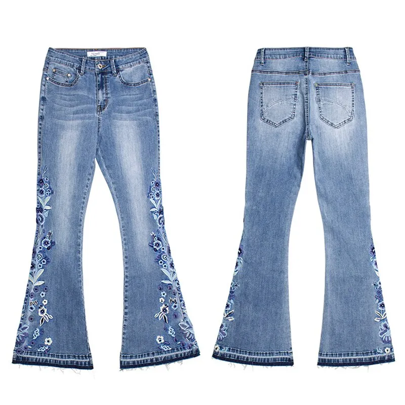 Floral Embroidered Vintage Flare Jeans Mid Waist Zipper Fly Skinny Slim Fitted Denim Pants