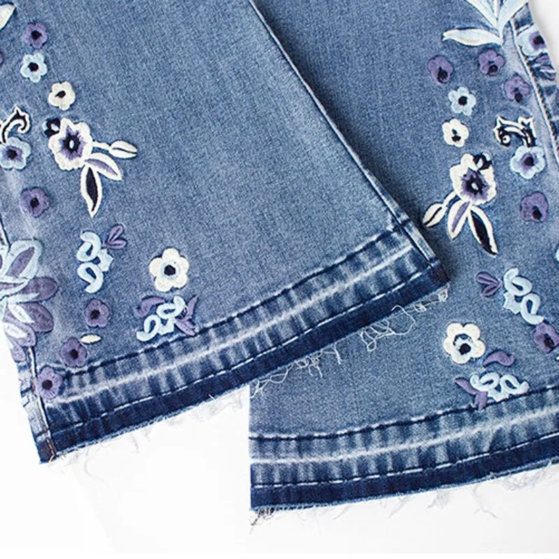 Floral Embroidered Vintage Flare Jeans Mid Waist Zipper Fly Skinny Slim Fitted Denim Pants