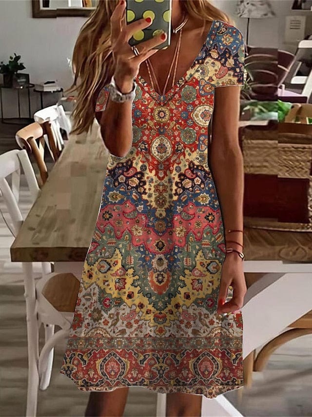 Floral Paisley Print V Neck Mini Dress for Women