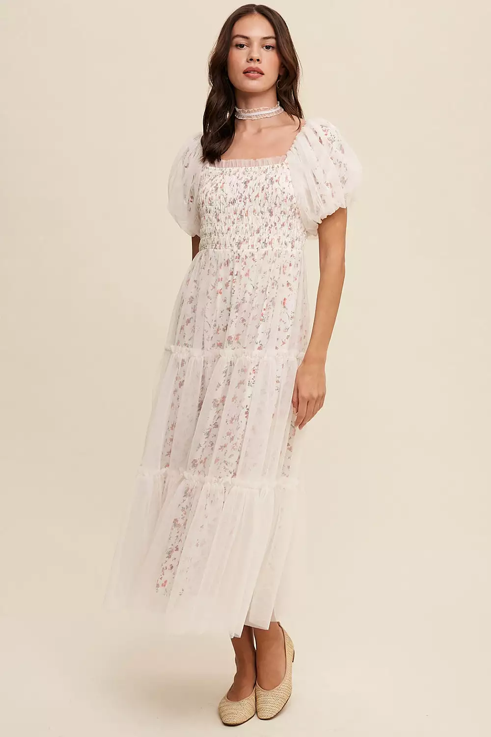 Floral Print + Mesh Puff Sleeve Maxi Dress