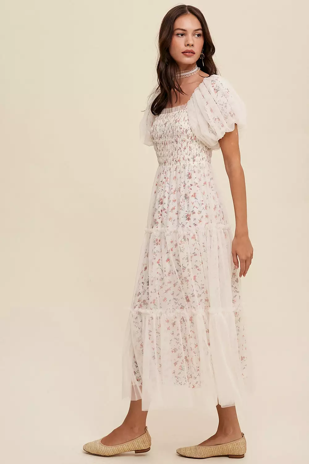 Floral Print + Mesh Puff Sleeve Maxi Dress