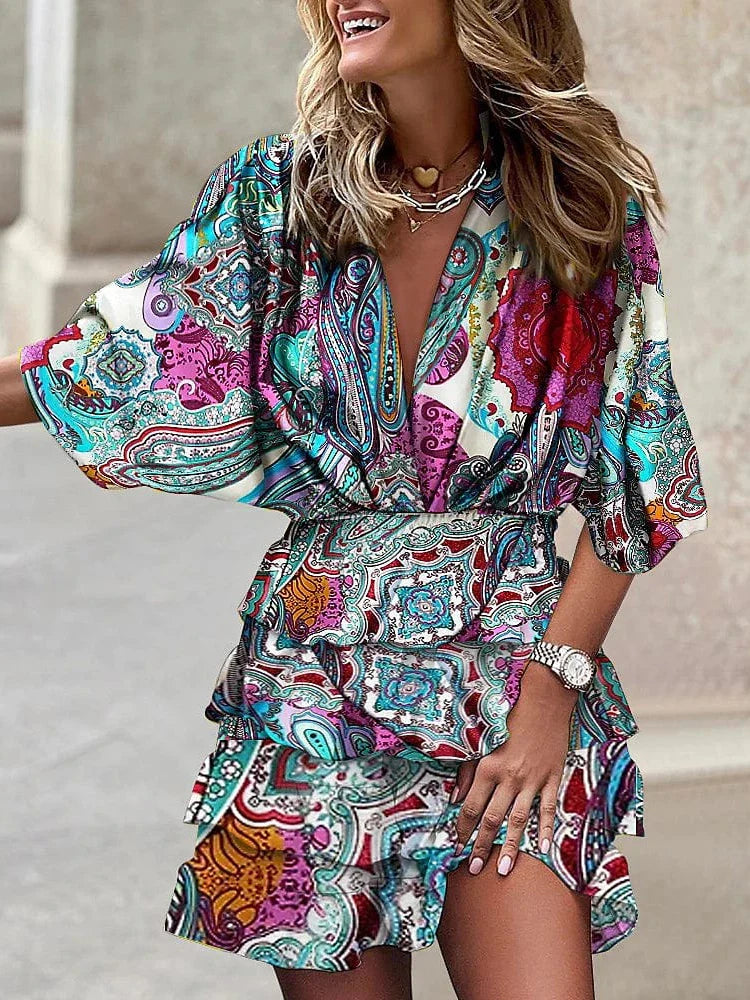 Floral Print Ruched V Neck Batwing Sleeve Mini Dress