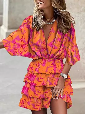 Floral Print Ruched V Neck Batwing Sleeve Mini Dress