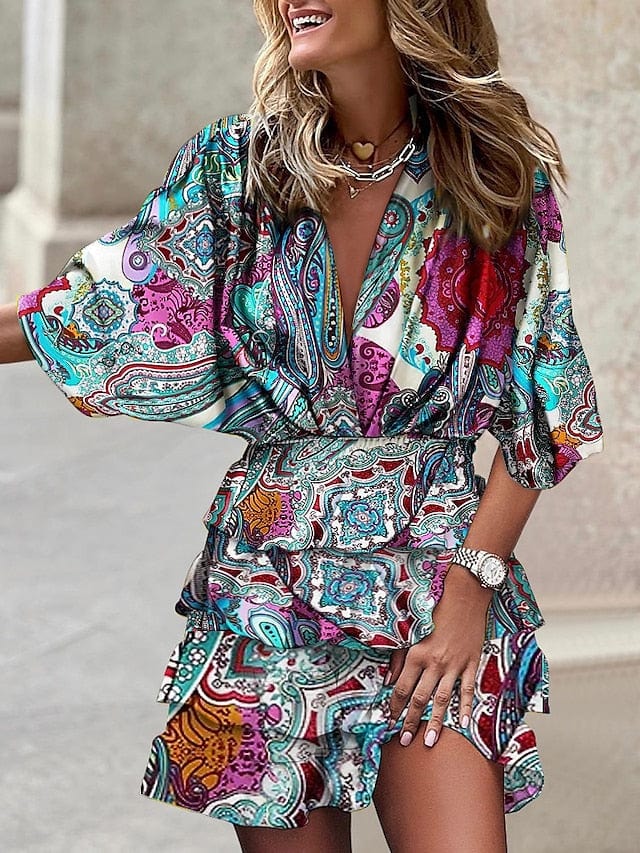 Floral Print Ruched V Neck Batwing Sleeve Mini Dress