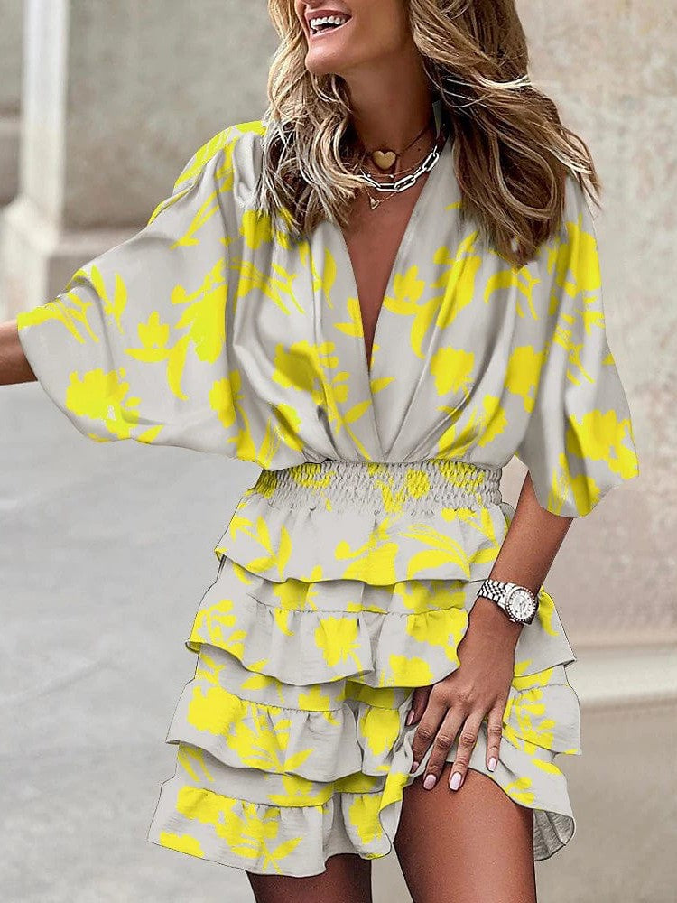 Floral Print Ruched V Neck Batwing Sleeve Mini Dress