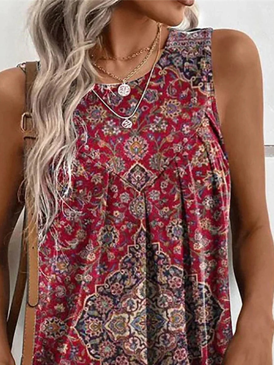 Floral Tribal Print Ruched Crew Neck Mini Dress for Women