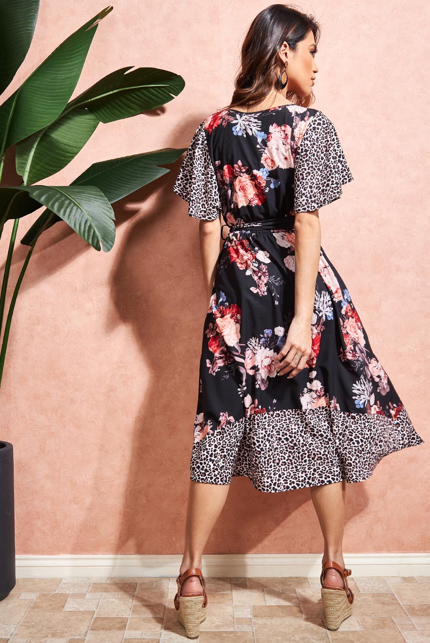 Goddiva Flutter Sleeve Printed Midi Dress