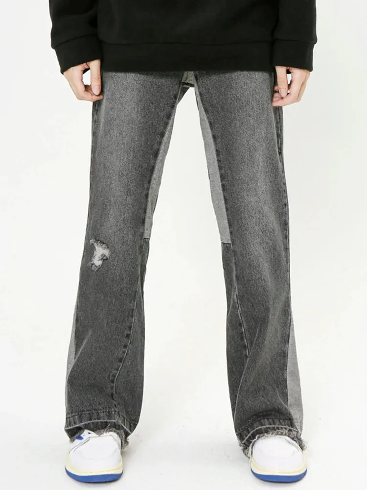 Gray Patchwork Stacked Flare Leg Denim Jeans