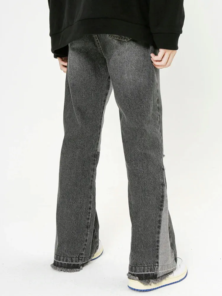 Gray Patchwork Stacked Flare Leg Denim Jeans