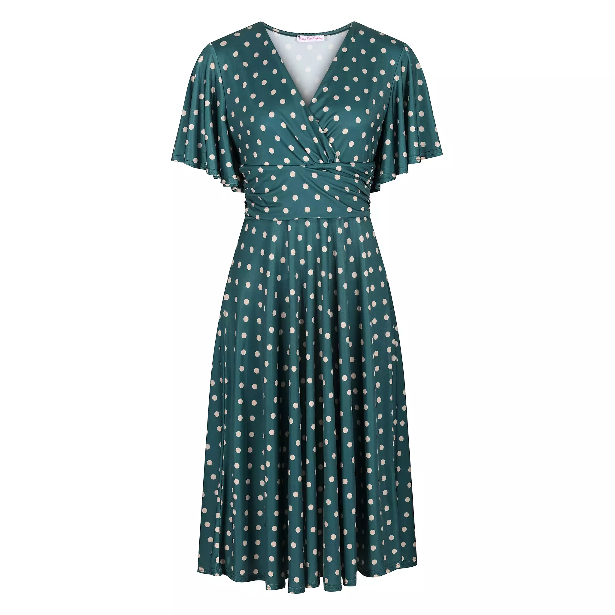 Green & Off White Polka Dot V Wrap Style Swing Dress with Waterfall Sleeves