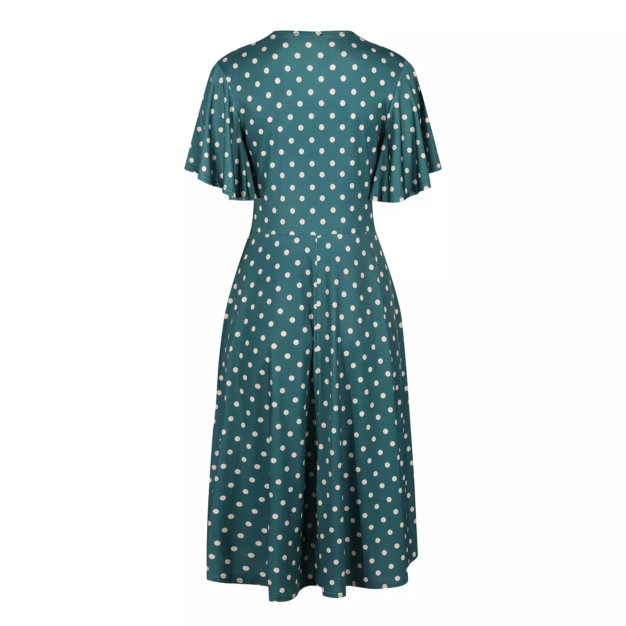 Green & Off White Polka Dot V Wrap Style Swing Dress with Waterfall Sleeves