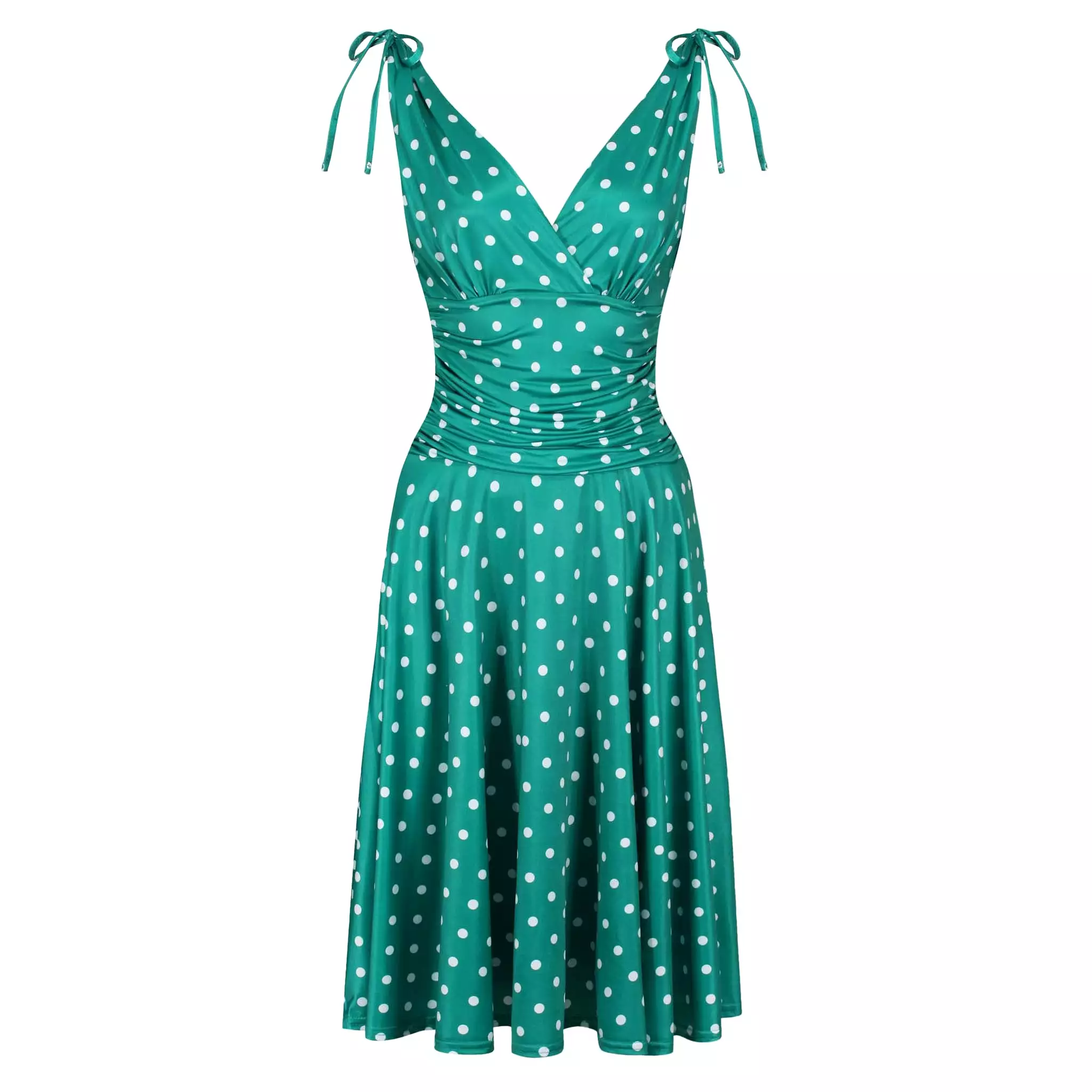 Green And White Polka Dot Print Crossover Top Grecian V Neck 50s Swing Dress