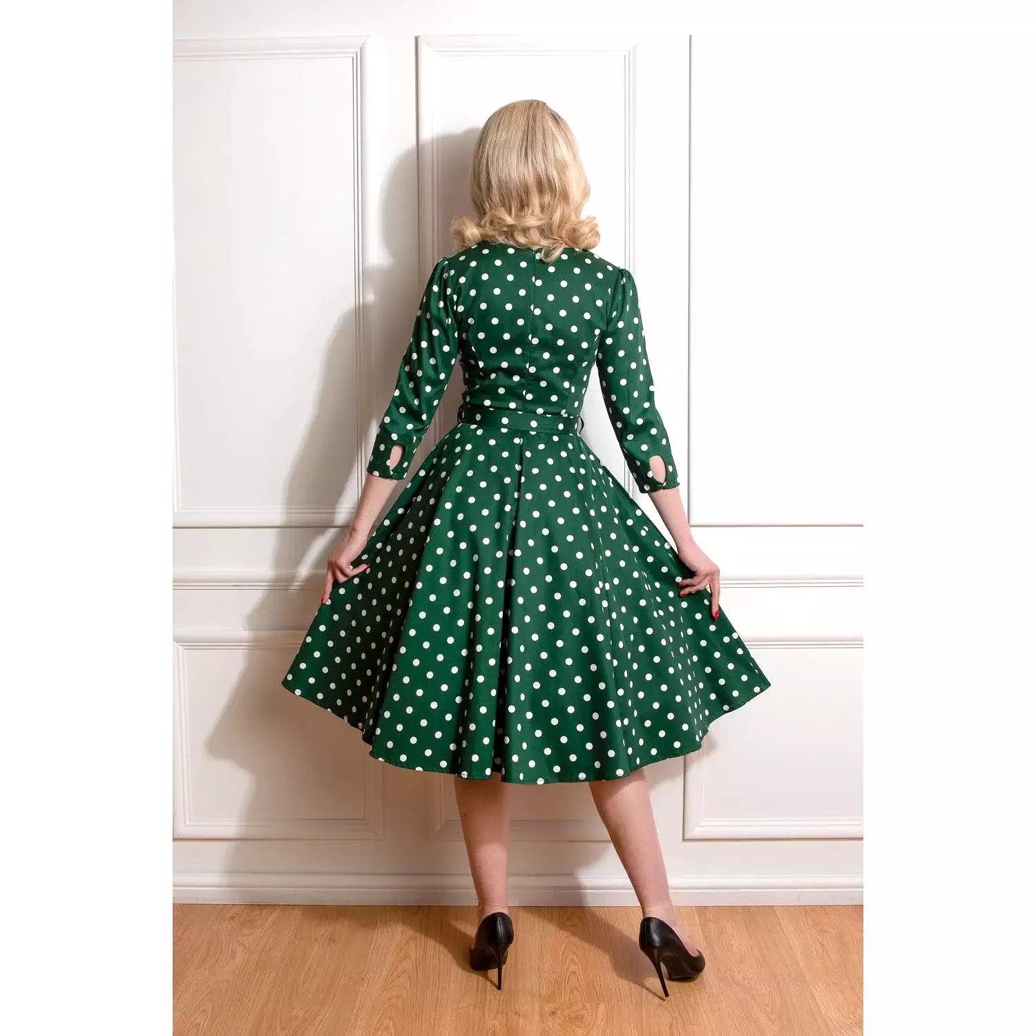 Green And White Polka Dot Vintage 50s 3/4 Sleeve Swing Dress  by