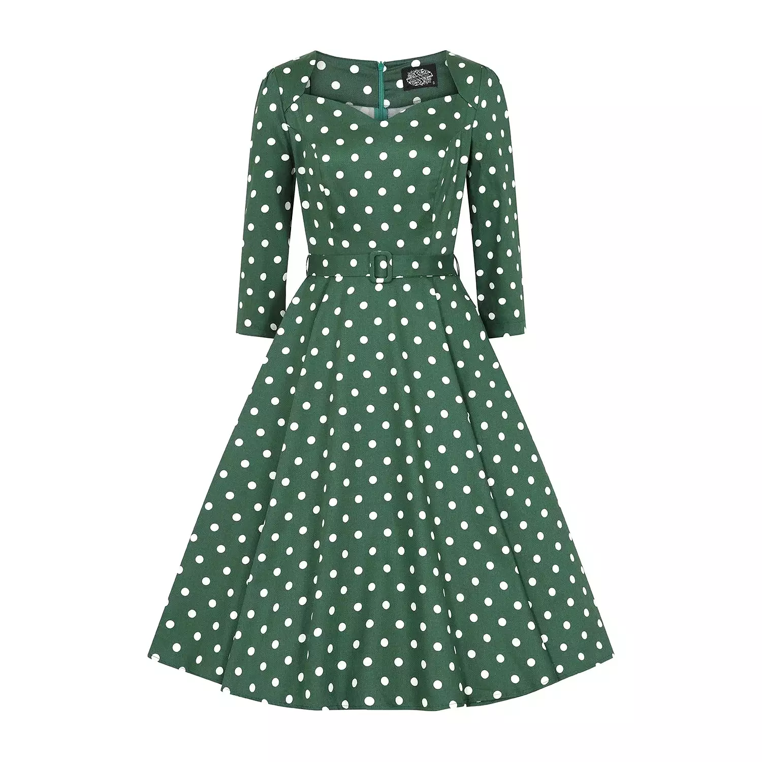 Green And White Polka Dot Vintage 50s 3/4 Sleeve Swing Dress  by