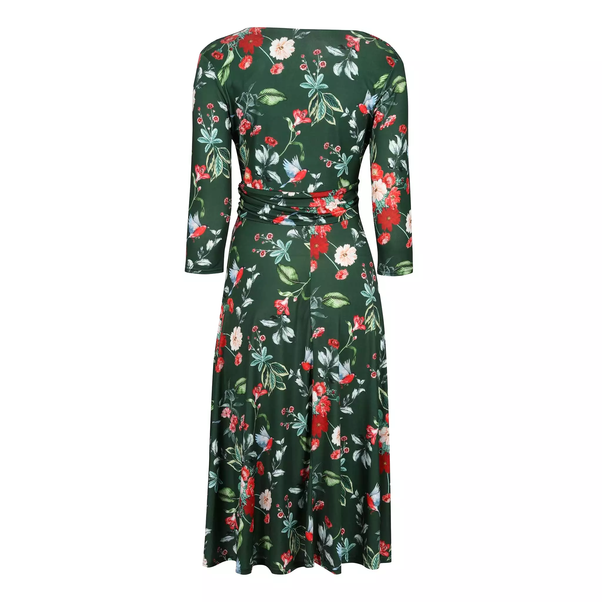 Green Floral & Bird Print 3/4 Sleeve V Neck Crossover Top Tea Dress