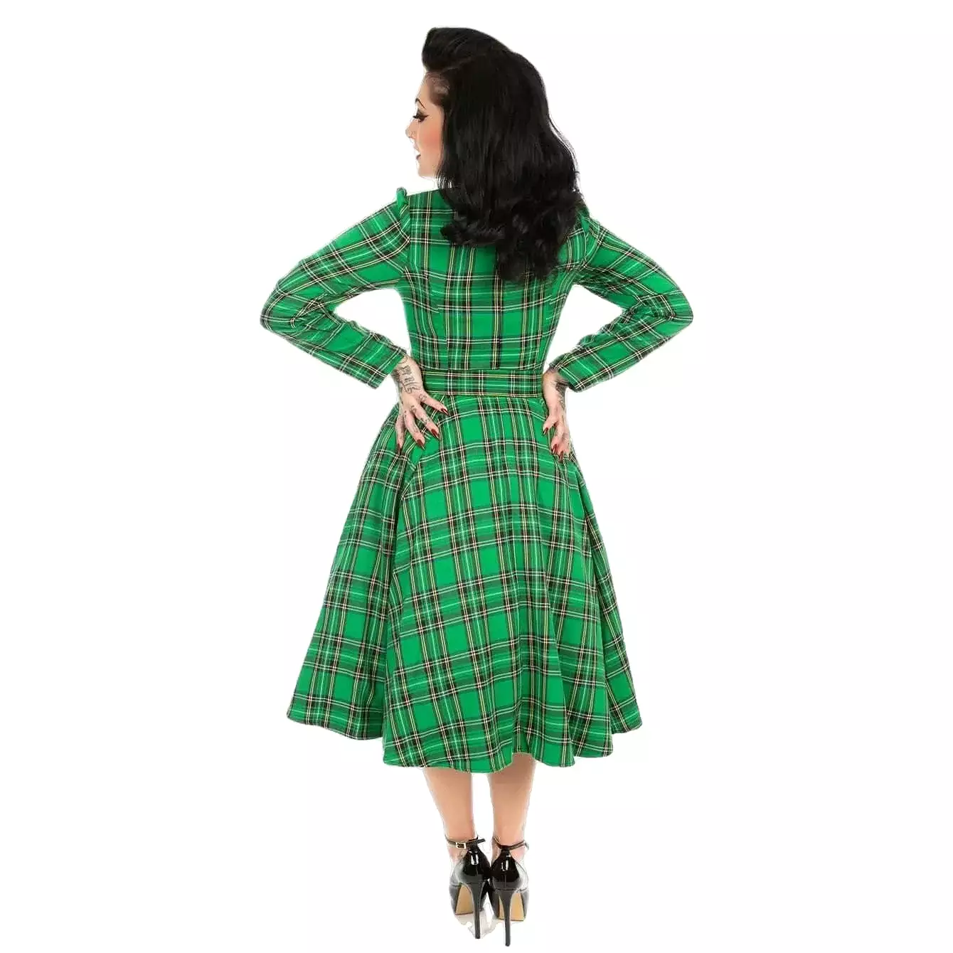 Green Tartan Long Sleeve Burns Night & Rockabilly Style Swing Dress