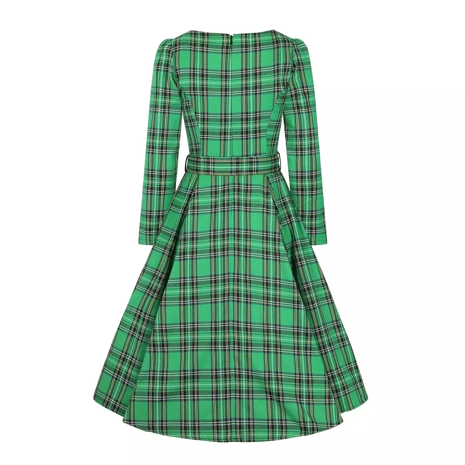 Green Tartan Long Sleeve Burns Night & Rockabilly Style Swing Dress