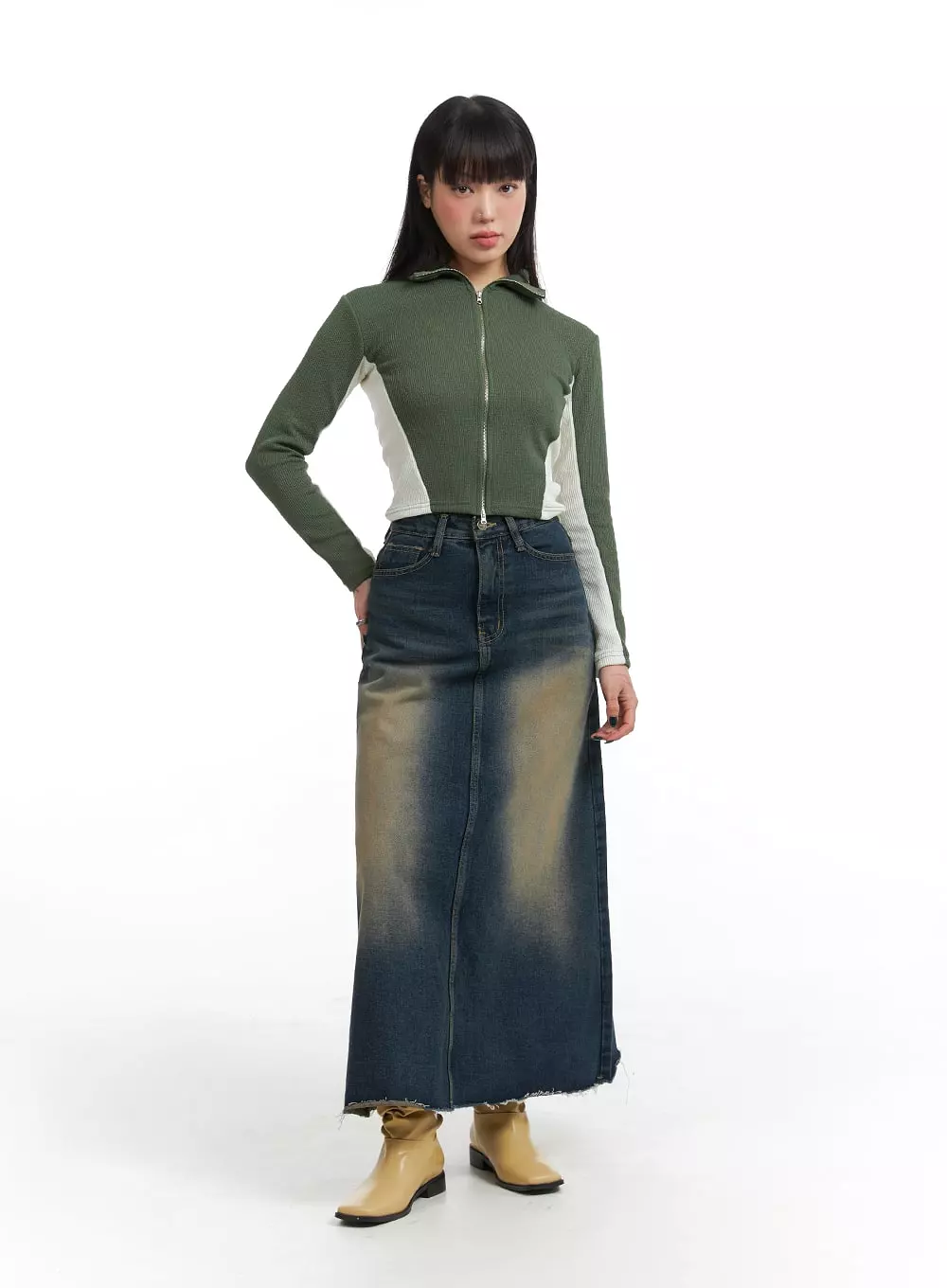 Grunge A-Line Denim Maxi Skirt IJ410