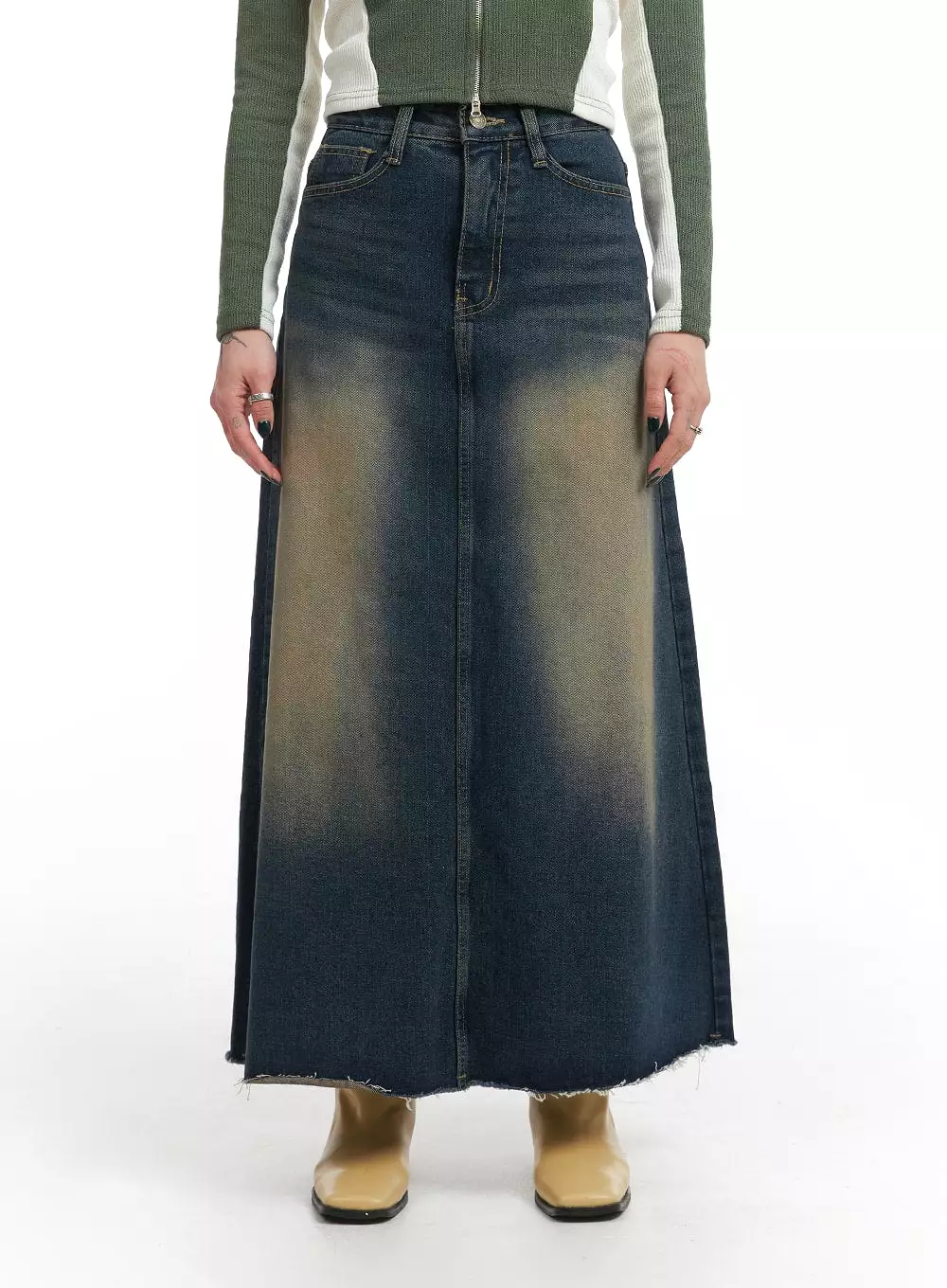 Grunge A-Line Denim Maxi Skirt IJ410