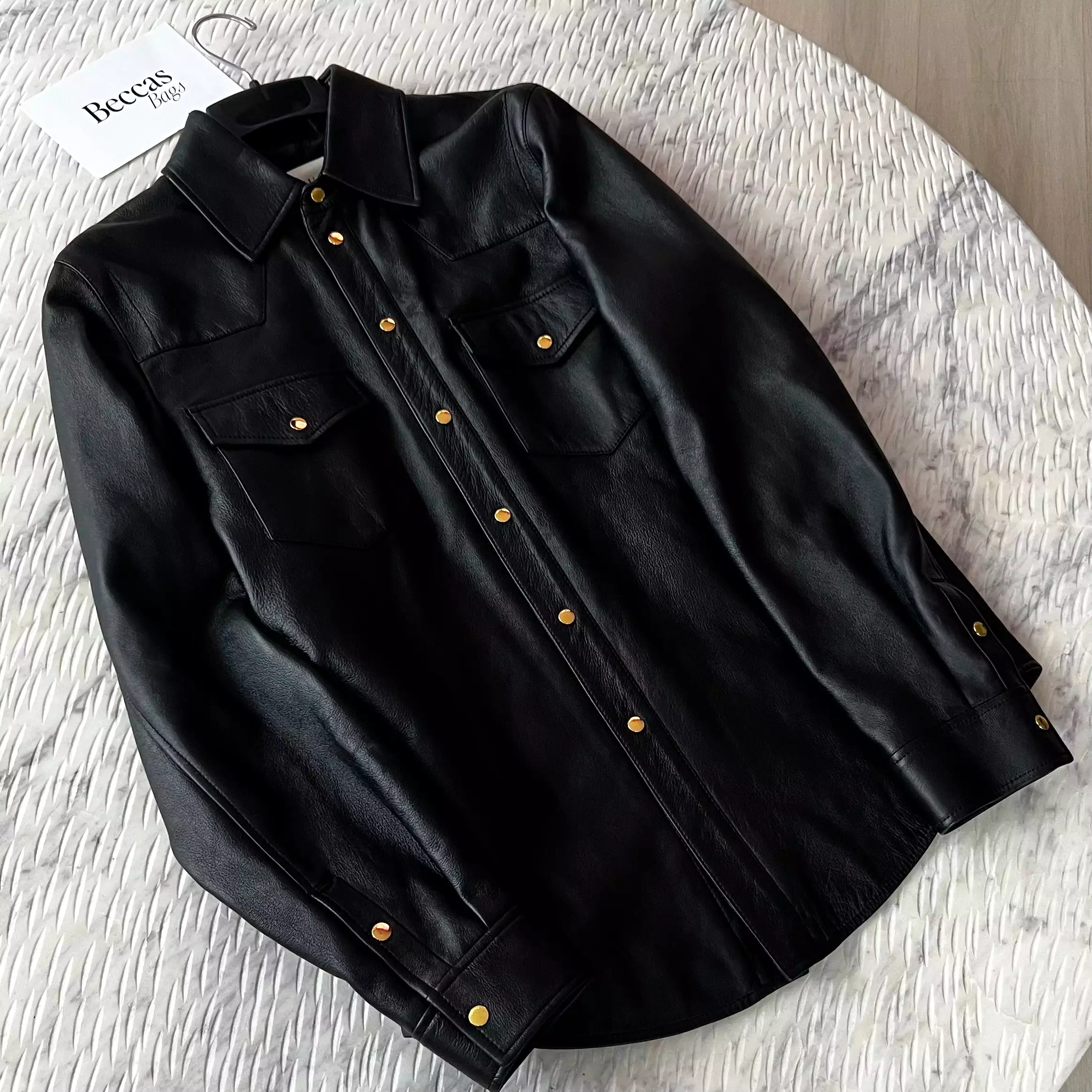 Gucci Black Lambskin Overshirt with Debossed Logo Jacket