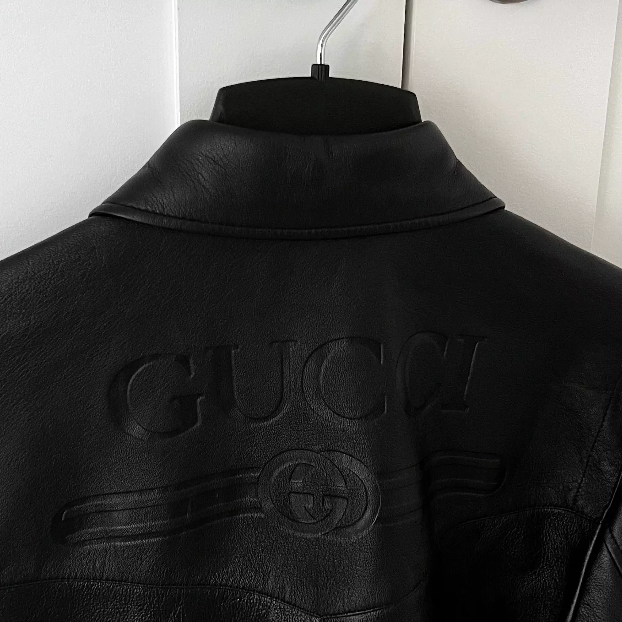 Gucci Black Lambskin Overshirt with Debossed Logo Jacket