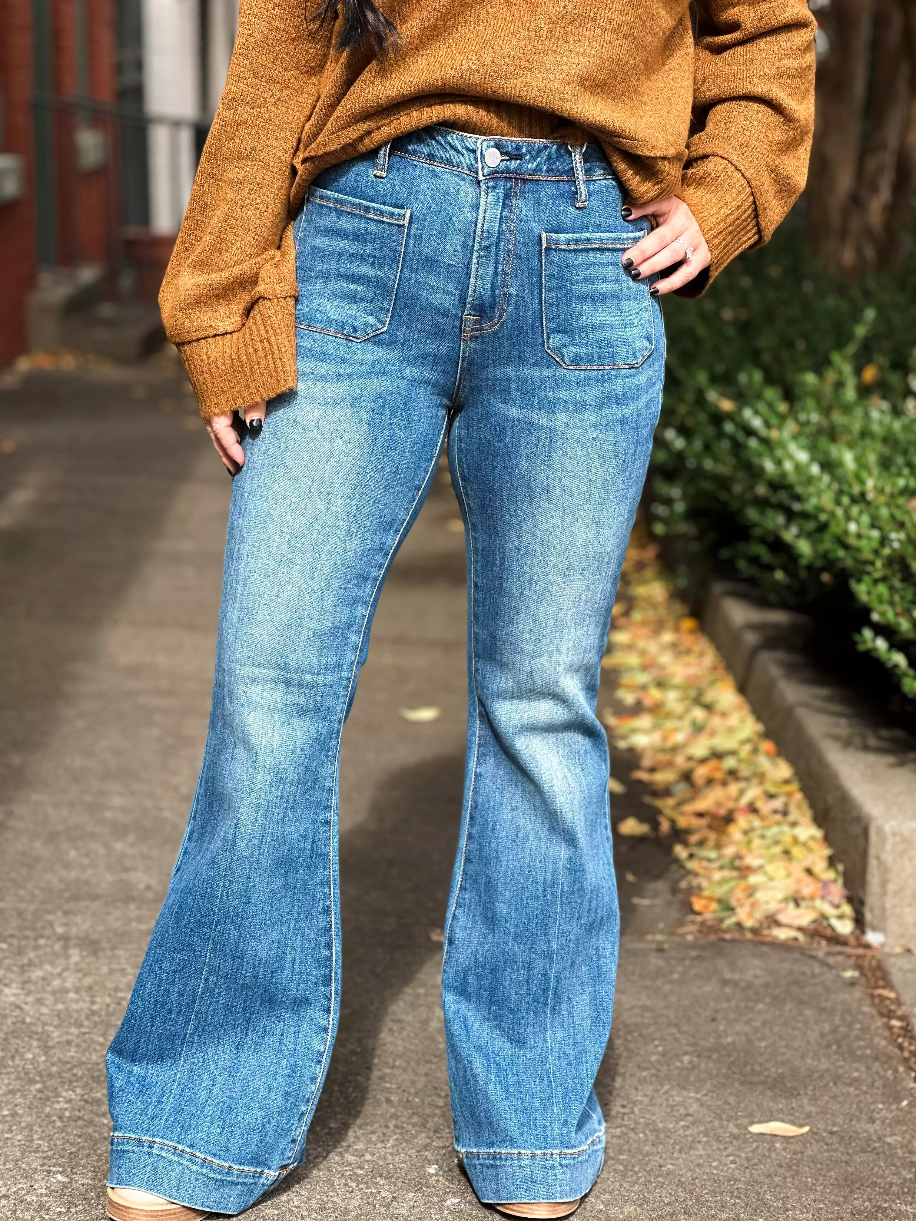 High Rise Patch Pocket Bell Bottom Jeans