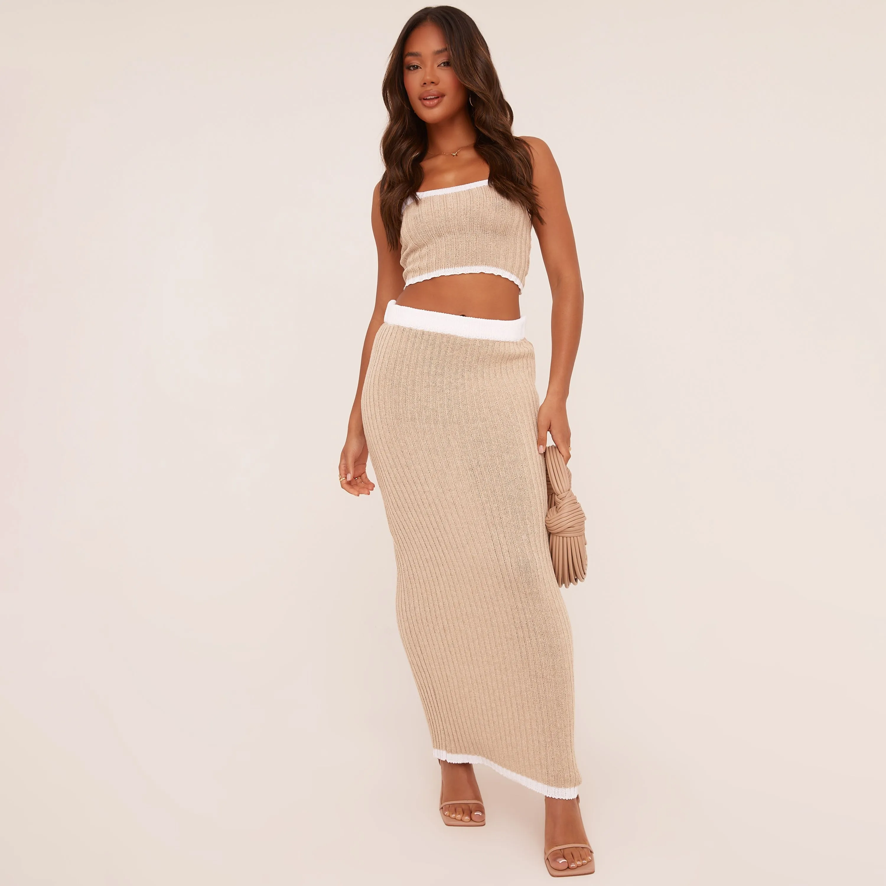 High Waist Contrast Edge Maxi Skirt In Stone Knit