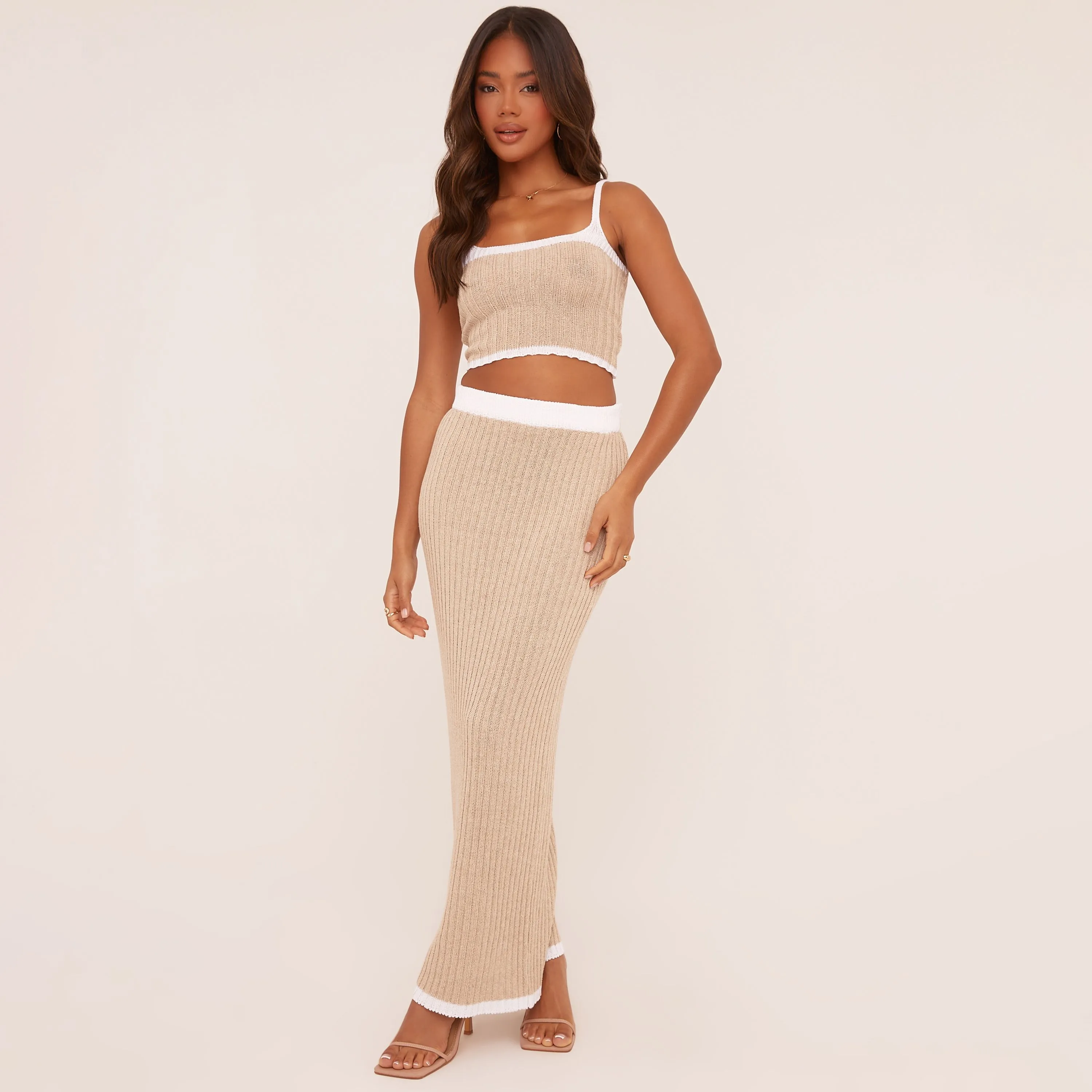 High Waist Contrast Edge Maxi Skirt In Stone Knit