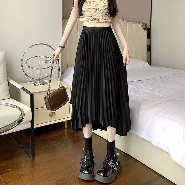 High Waist Irregular Accordion Pleated Midi A-Line Skirt EE22