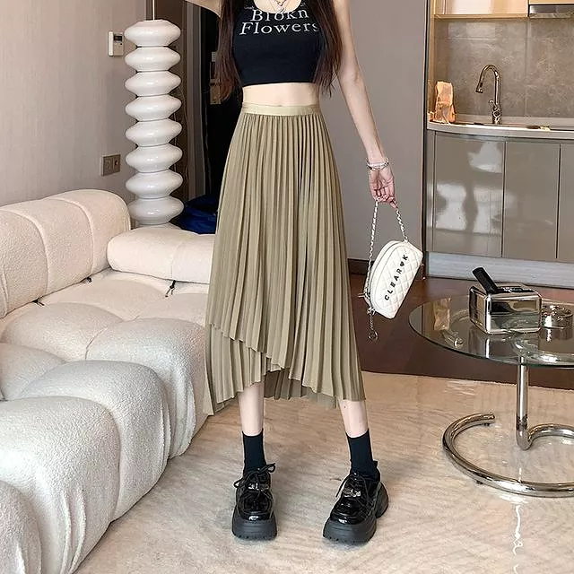 High Waist Irregular Accordion Pleated Midi A-Line Skirt EE22