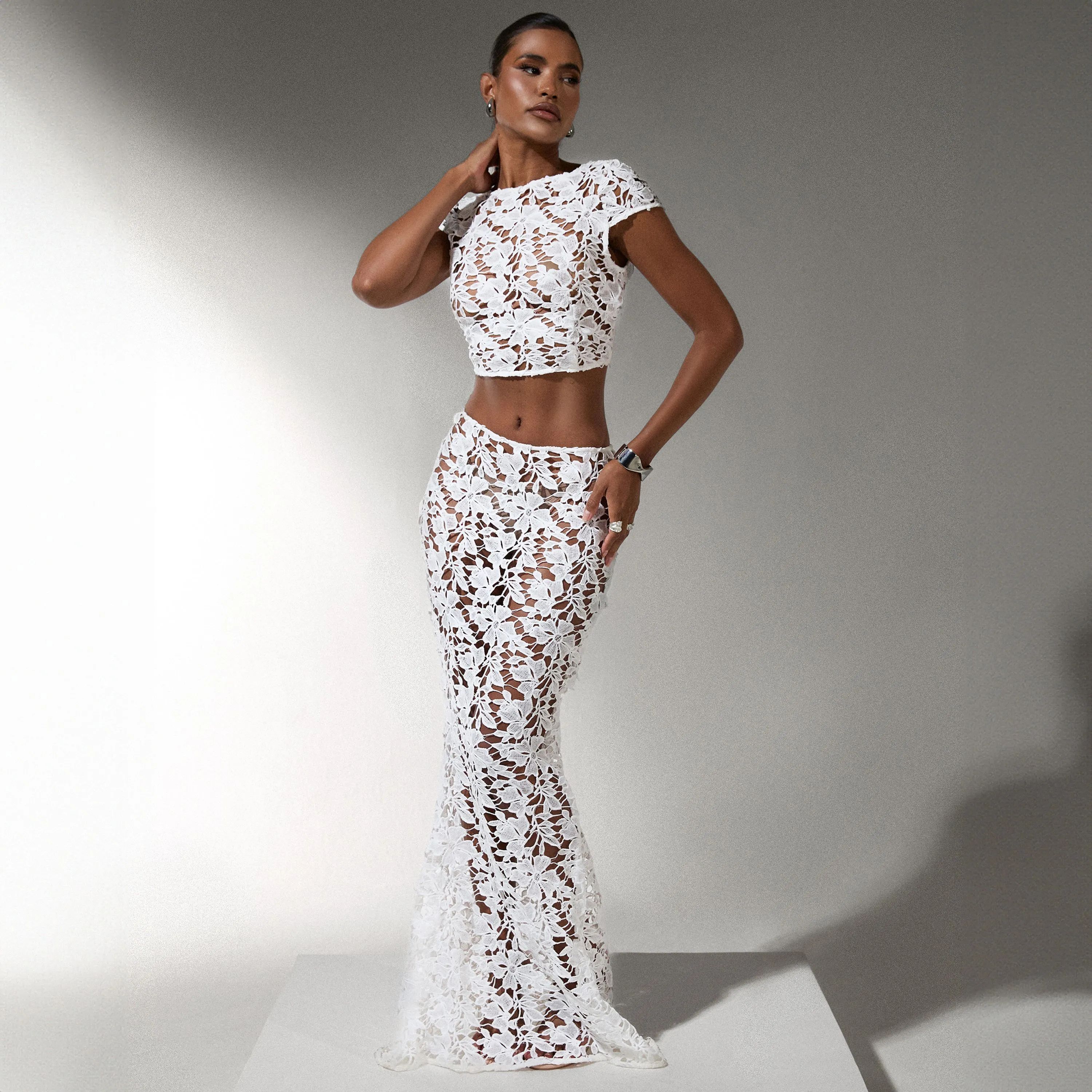 High Waist Maxi Skirt In White Textured Lace