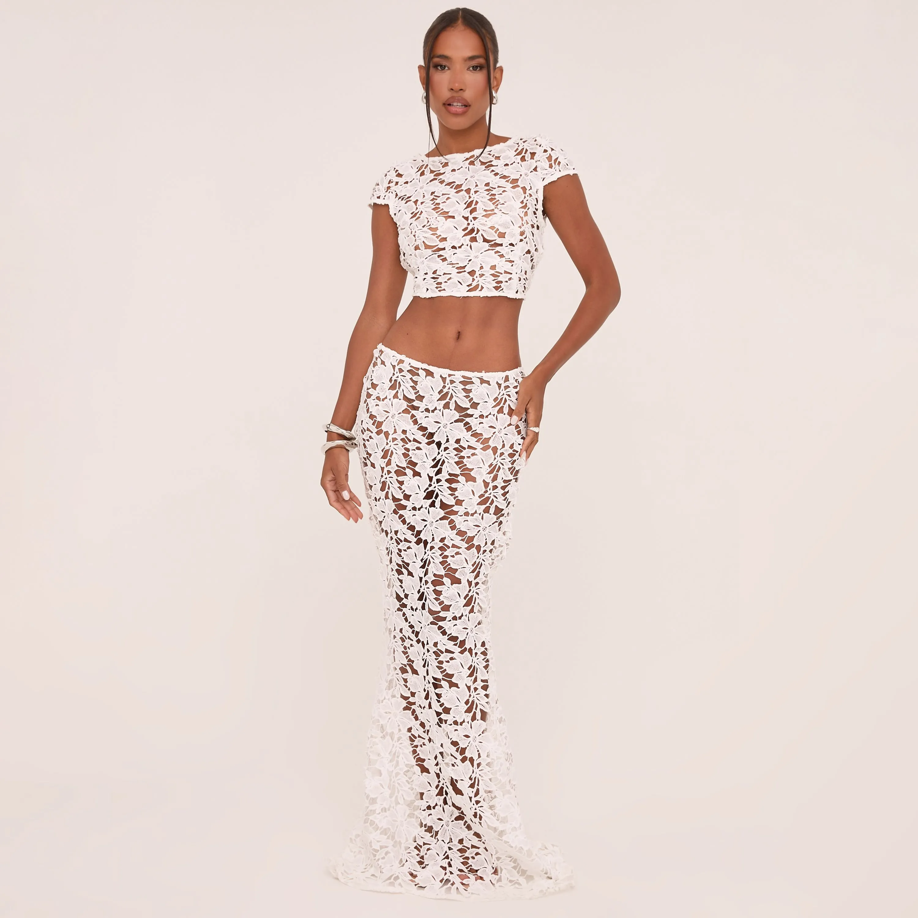 High Waist Maxi Skirt In White Textured Lace