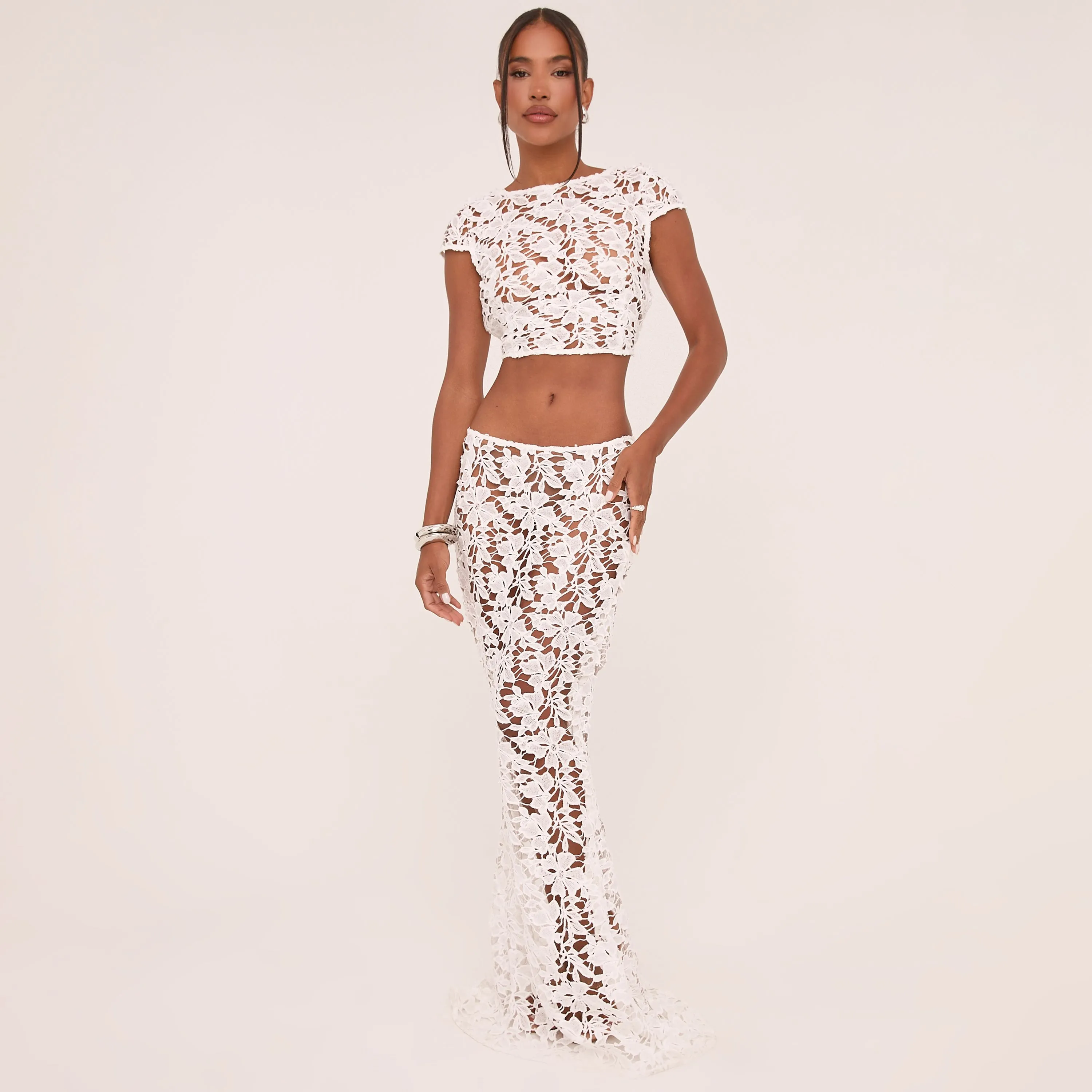 High Waist Maxi Skirt In White Textured Lace