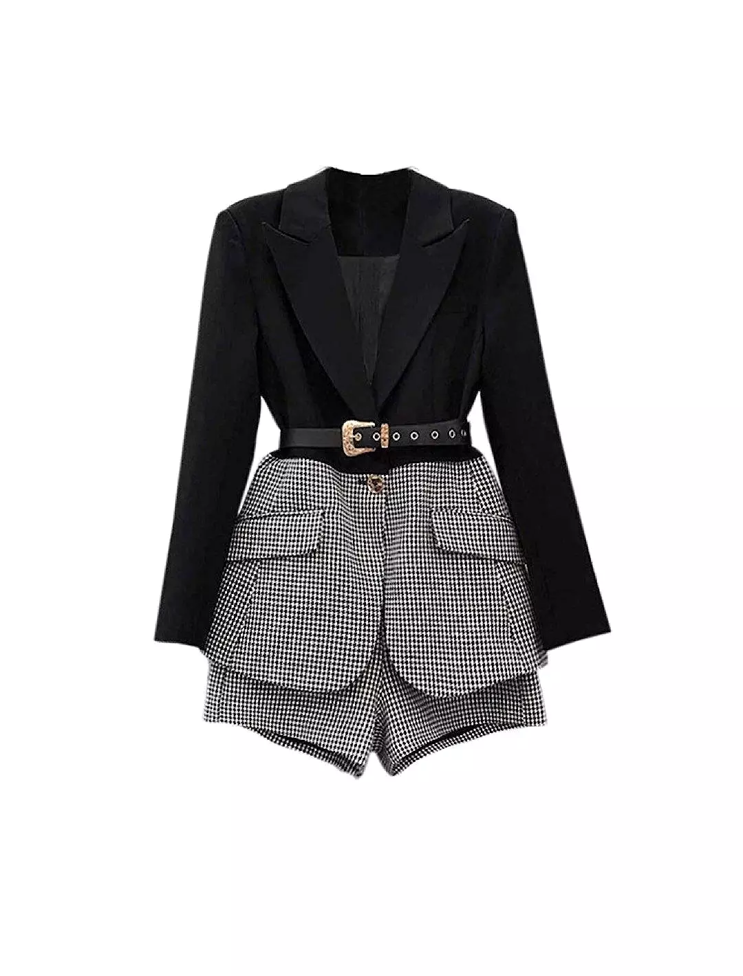 Houndstooth Belted Jacket and Wide Leg Shorts Two Piece Set