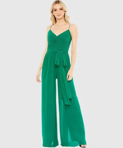 Ieena for Mac Duggal Ruched Sleeveless Tie Jumpsuit Emerald