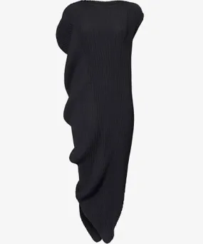 Issey Miyake Womens Black Asymmetric short-sleeve pleats knitted midi dress