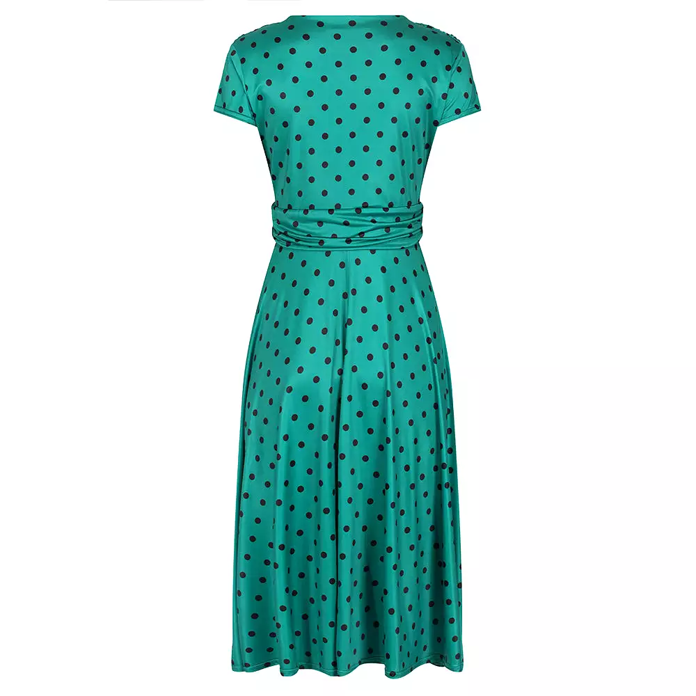 Jade Green Black Polka Dot Cap Sleeve Fit And Flare Midi Dress