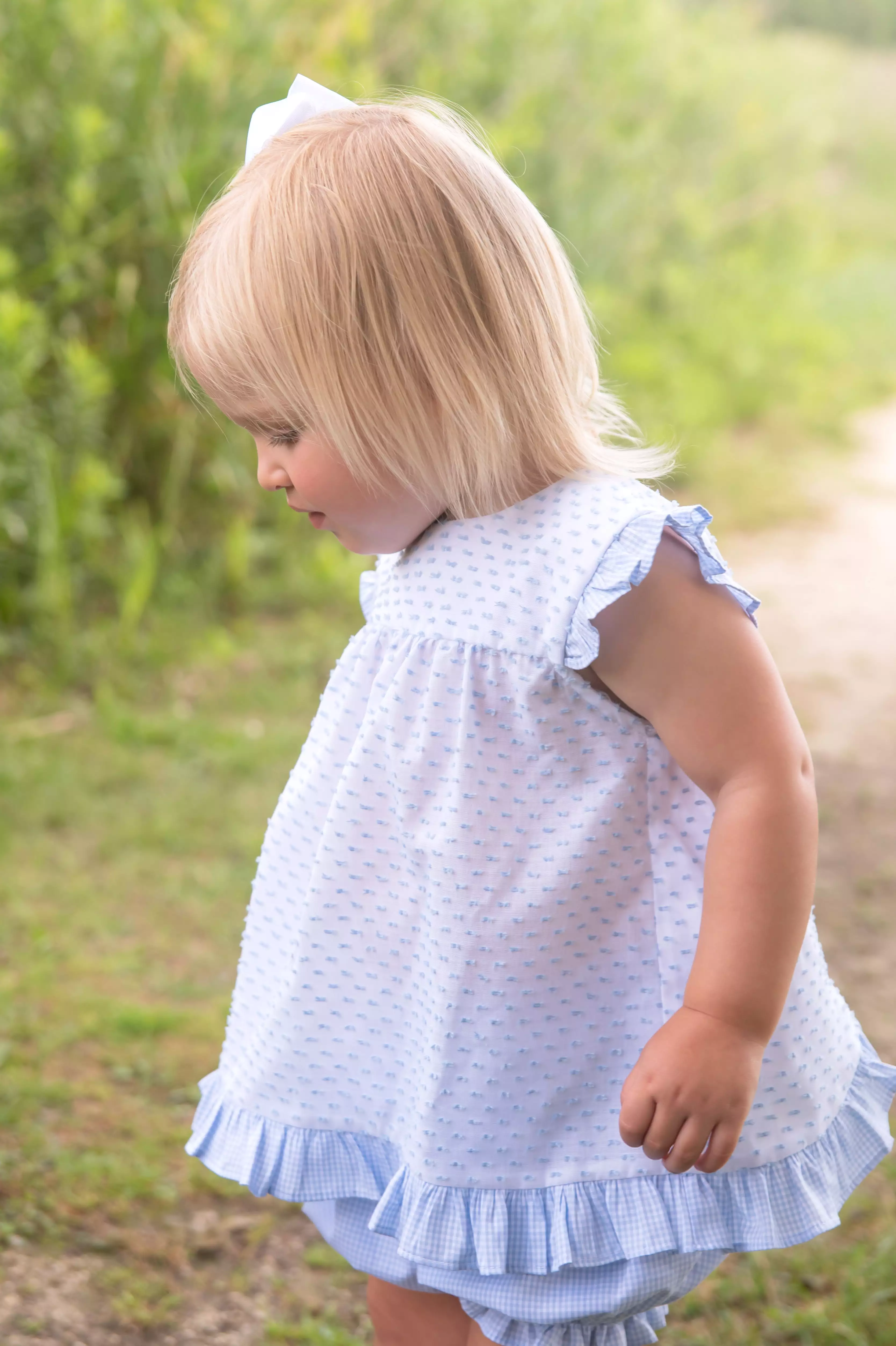 James & Lottie - Blue Swiss Dot Top with Blue Gingham Bloomers Natalie Bloomer Set