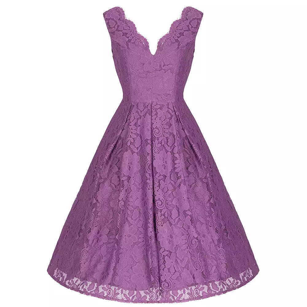 Jolie Moi Dark Mauve Purple Embroidered Lace Sleeveless V Neck 50s Swing Dress