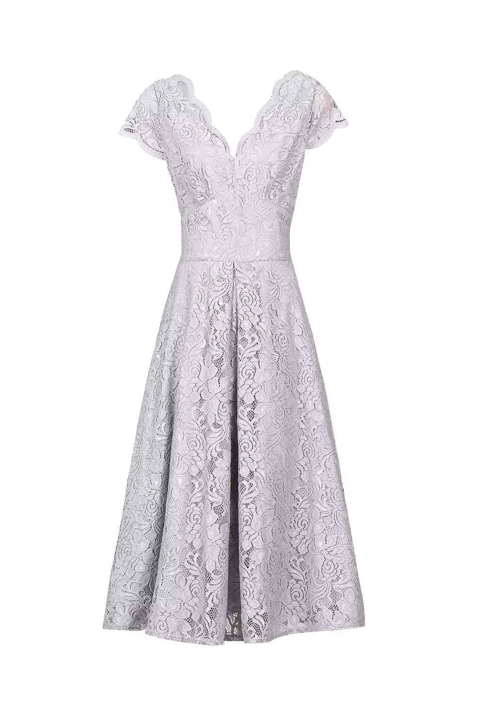 Jolie Moi Silver Grey Cap Sleeve Scallop Neck Embroidered Lace 50s Swing Dress