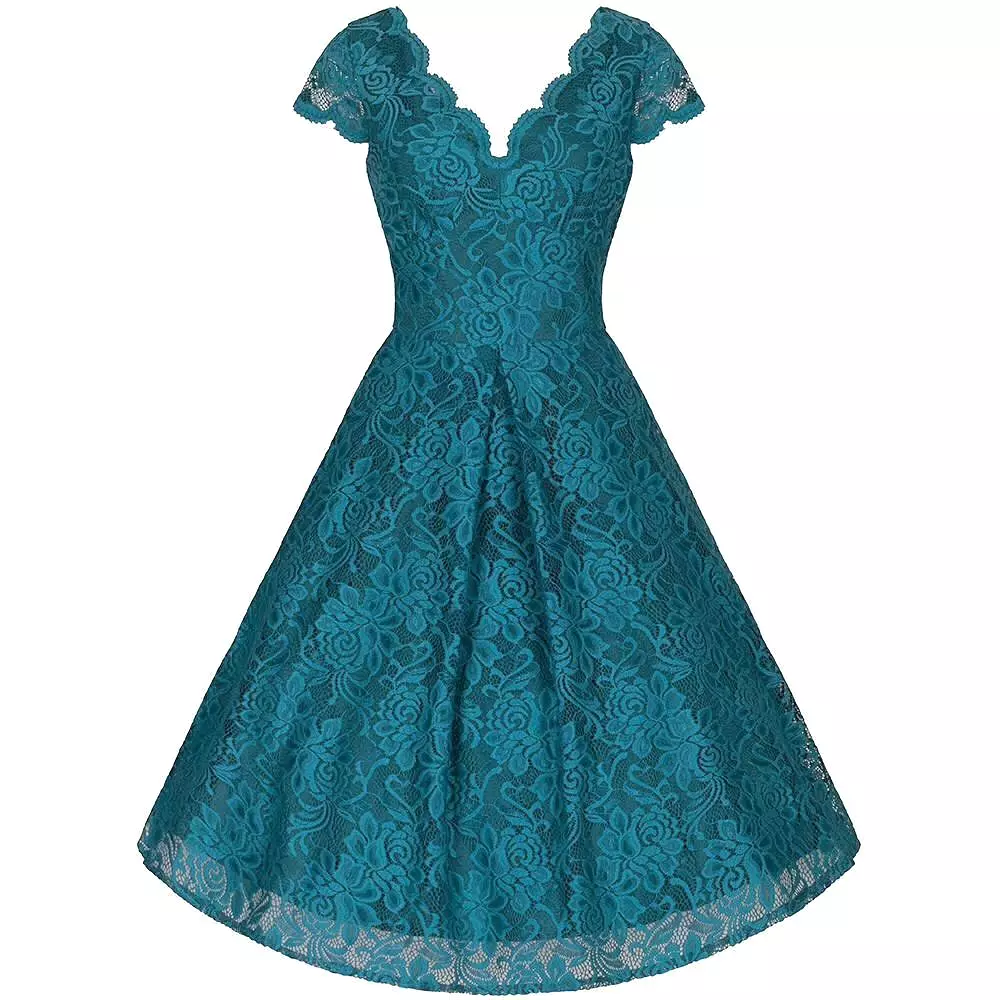 Jolie Moi Teal Lace Embroidered Cap Sleeve Swing Dress