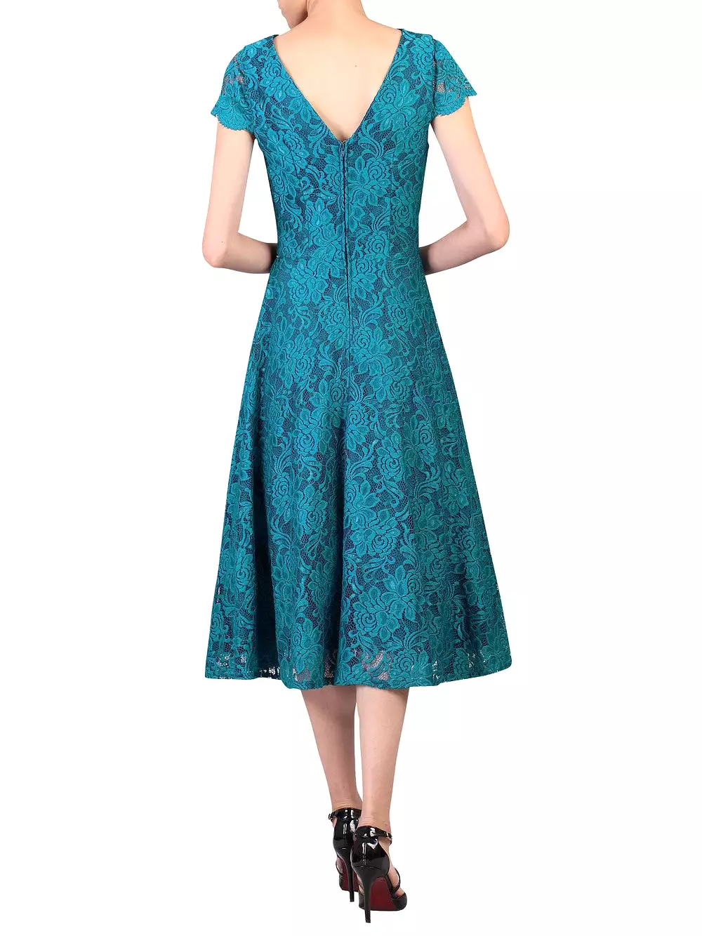 Jolie Moi Teal Lace Embroidered Cap Sleeve Swing Dress